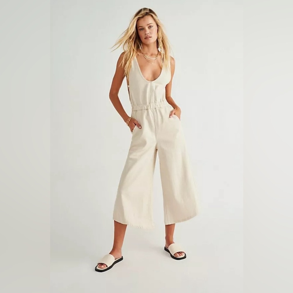 NEW Free People Alora Jumpsuit medium Ivory Denim